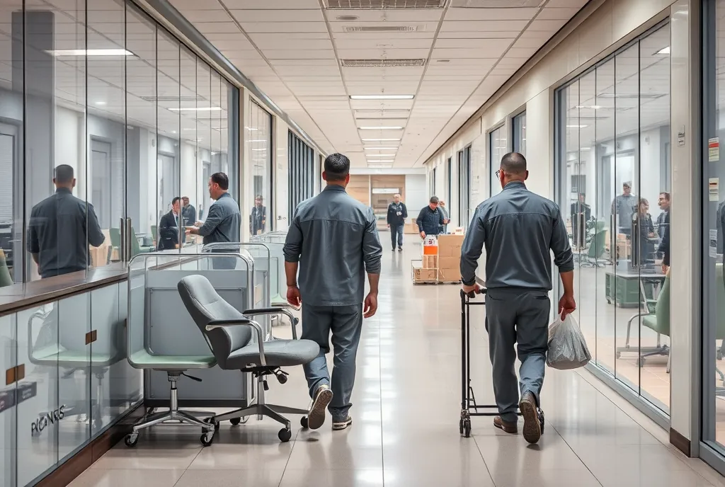 Operarios retirando mobiliario de oficina